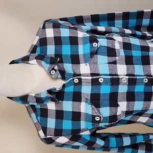 Levi Strauss Women's Blue Black & White Check Flannel Collared Button-Down Shirt